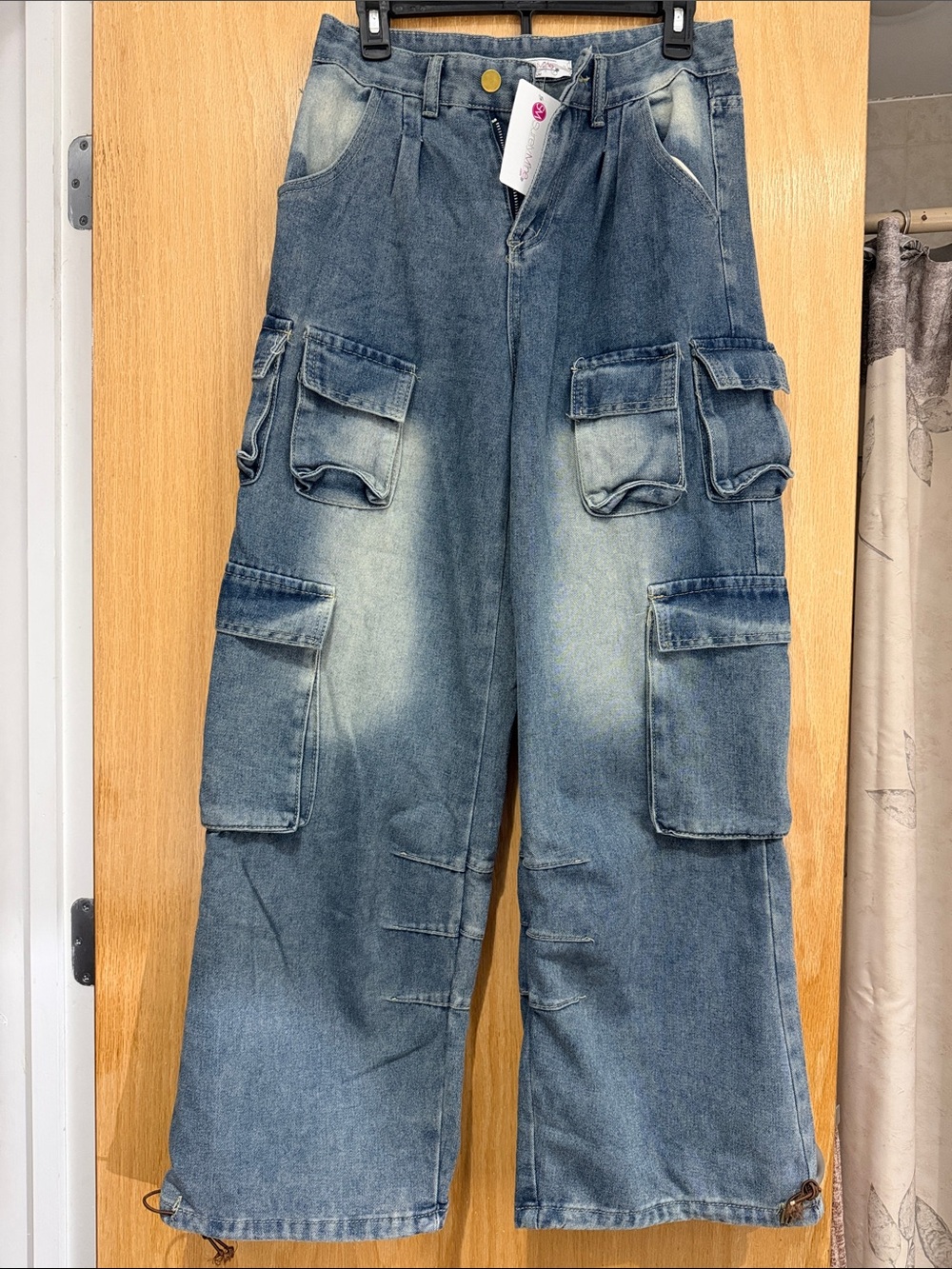 High-Rise Blue Cargo Denim Jeans with Multi-Pocket Utility